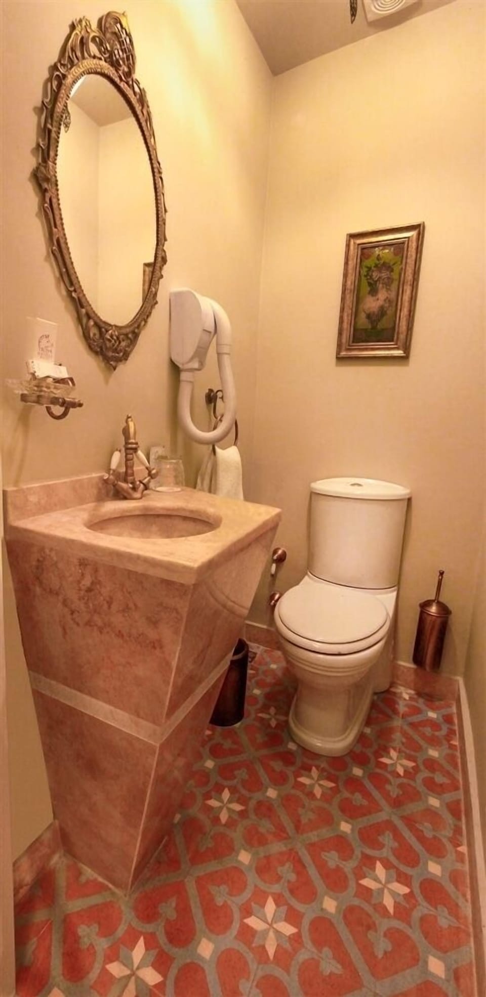 Shower, hair dryer, slippers, towels