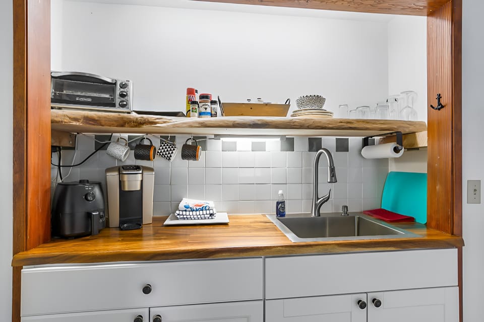 Kitchenette with live edge shelf