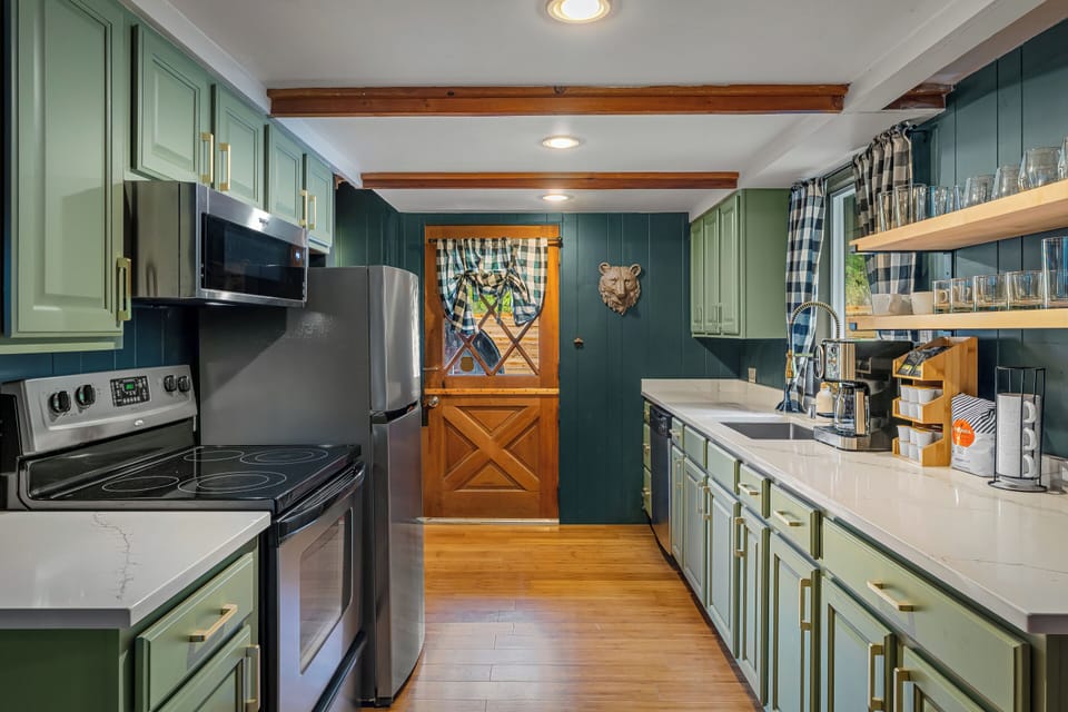 This galley-style kitchen is stocked with cooking essentials.
