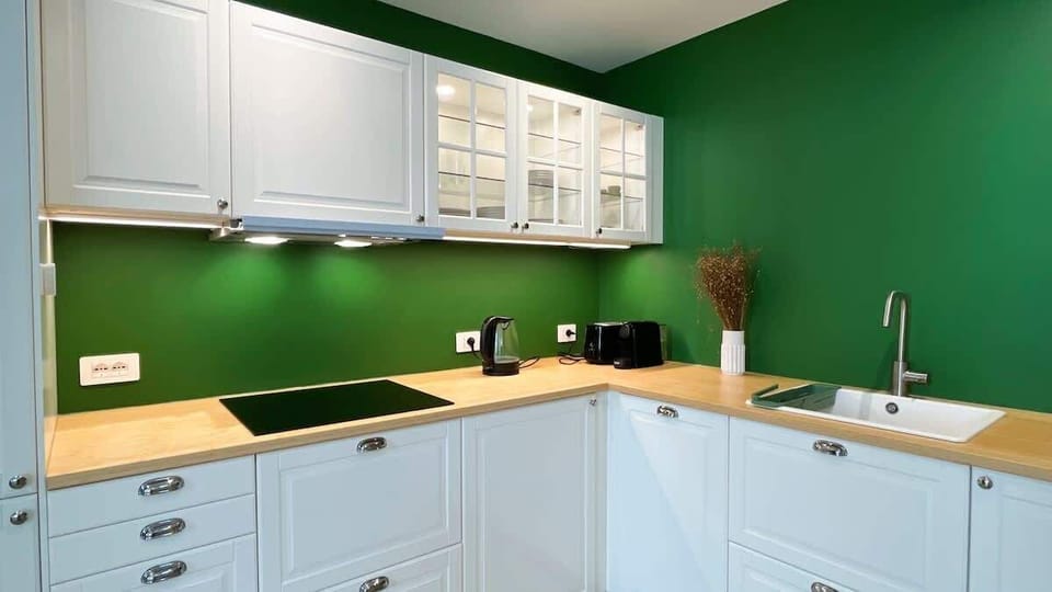 Spacious white kitchen with accessories