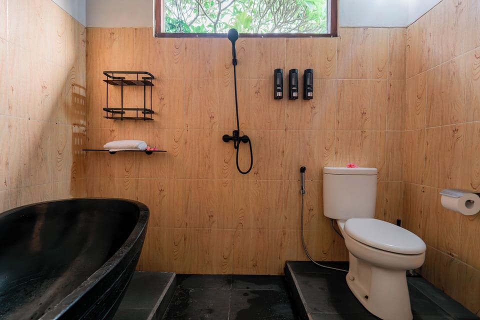 Shower, free toiletries, bidet, towels
