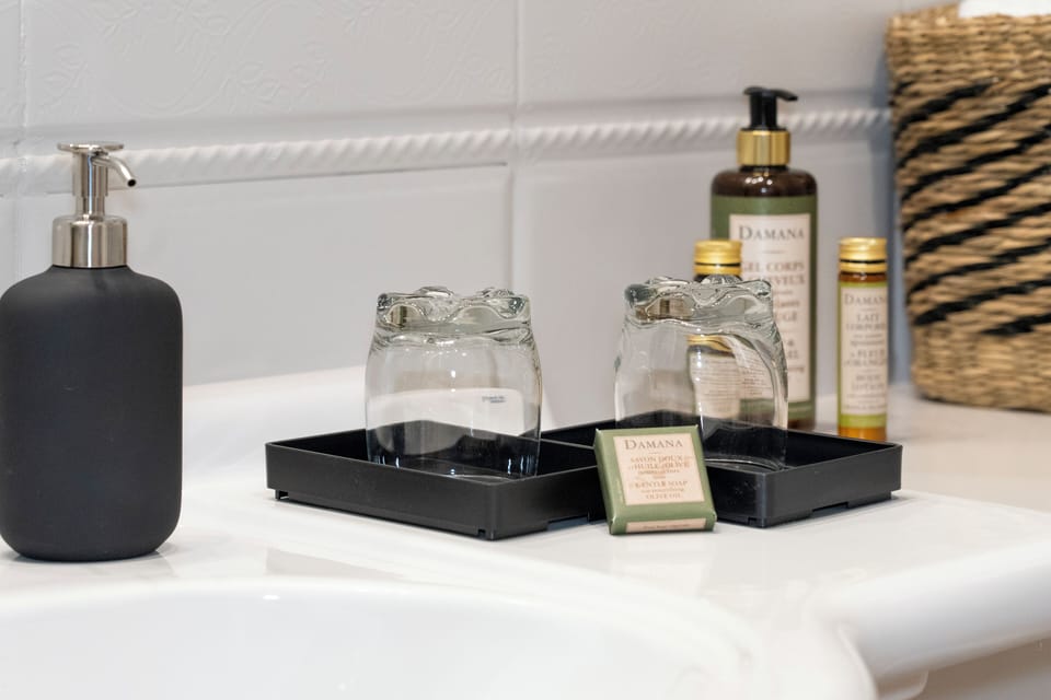 Slippers, towels, soap, shampoo