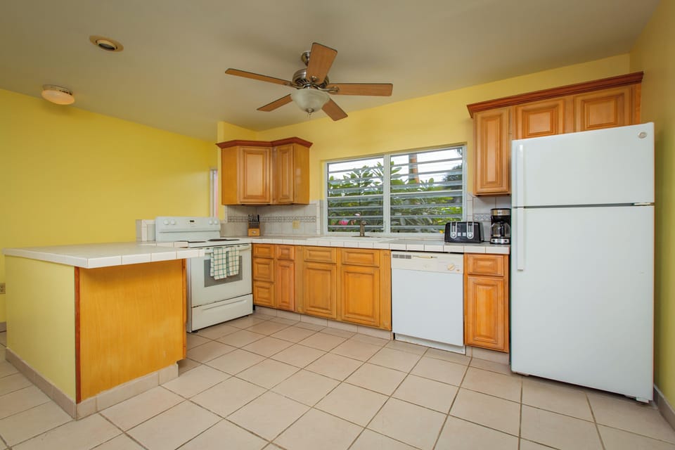 Spacious kitchen with ample counter space and views of lush island greenery.