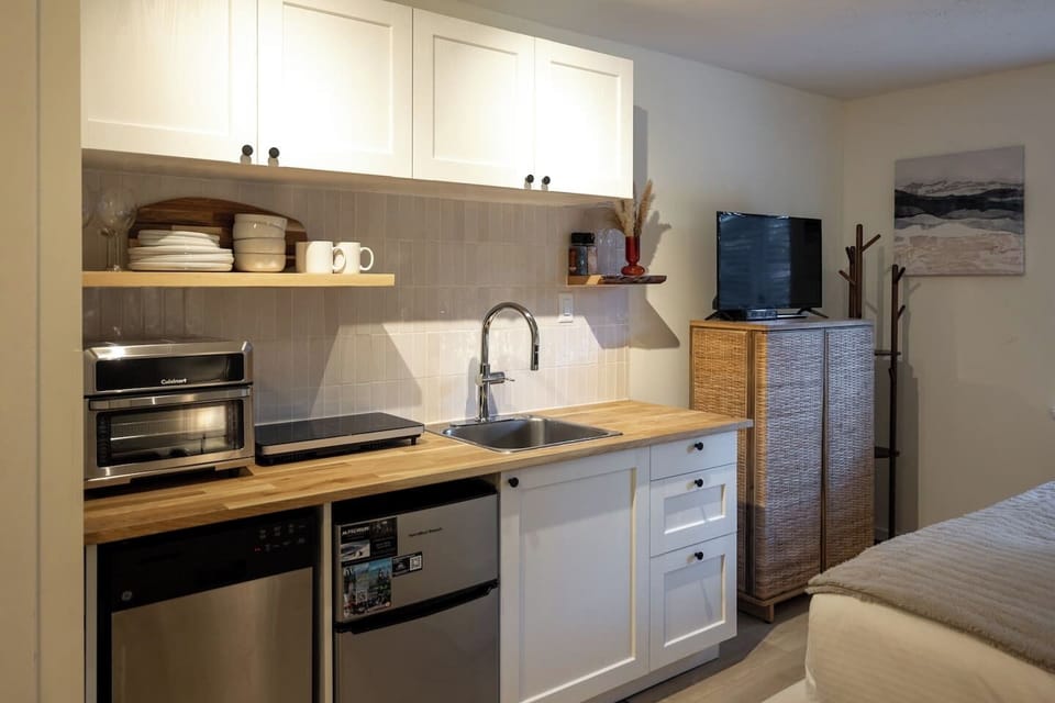 Prepare simple meals in our newly renovated kitchenette with basic supplies such as olive oil, salt, pepper, coffee, and sugar.