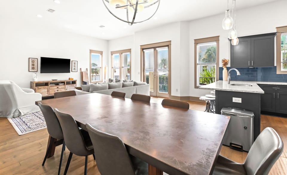 The dining table seats 8