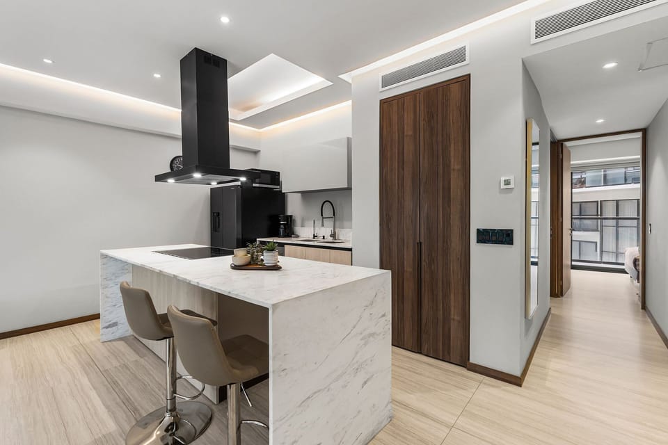 Deluxe Apartment | Private kitchen | Full-size fridge, microwave, oven, stovetop