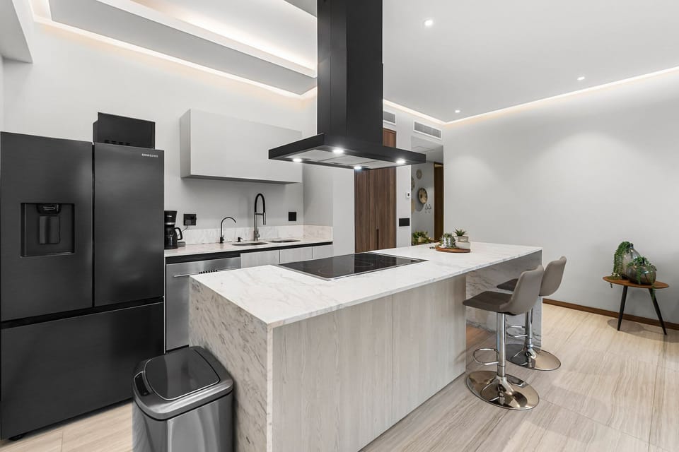 Deluxe Apartment | Private kitchen | Full-size fridge, microwave, oven, stovetop