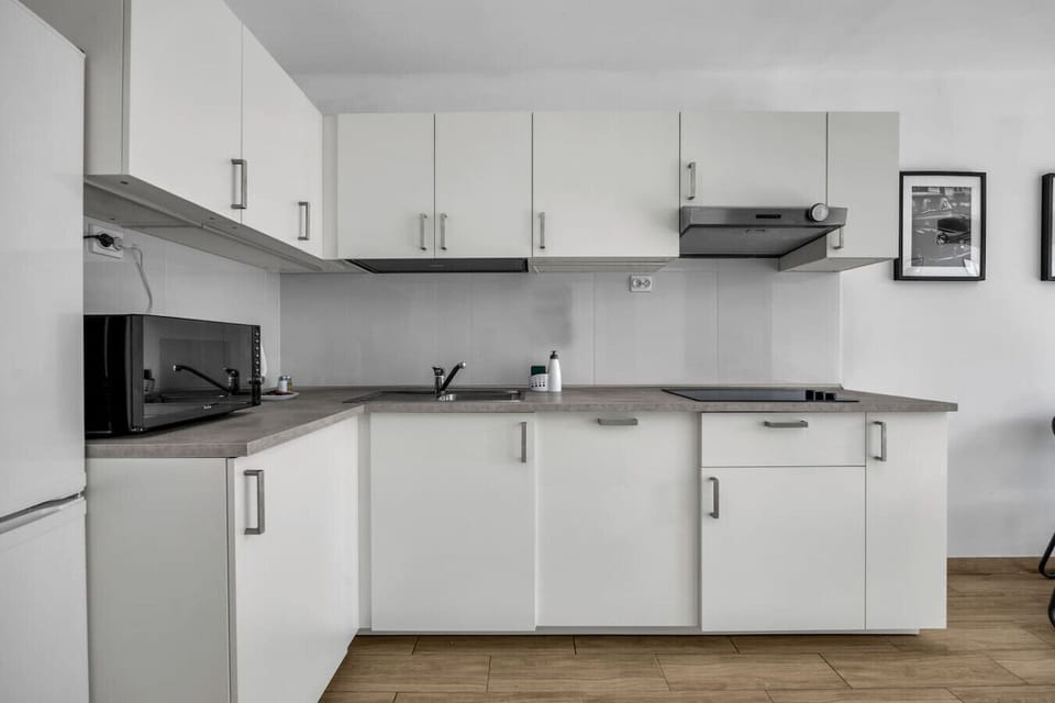 Modern Kitchen with Fridge, Microwave, Stovetop and Ample Storage Space | Book Now with RENTUJEMY.COM