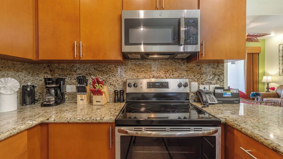 microwave, stove, and small appliances