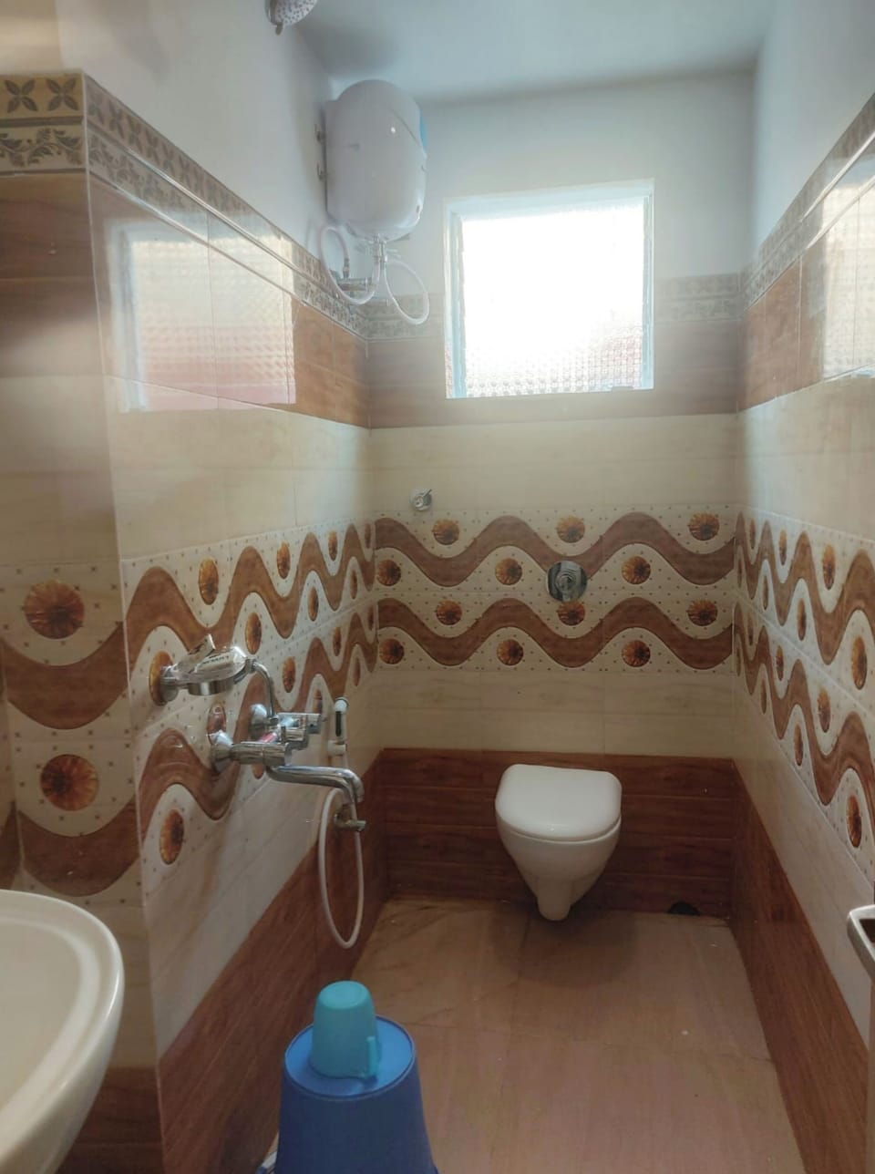 Shower, rainfall showerhead, slippers, towels
