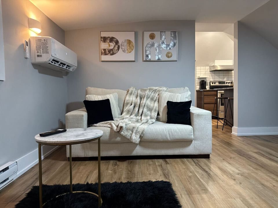 `Relax in our stylish living space! Featuring a comfortable light-colored sofa with cozy throws and decorative pillows, perfect for unwinding. Enjoy personalized comfort with the wall-mounted AC unit. Modern art adorns the walls, and a chic side table off