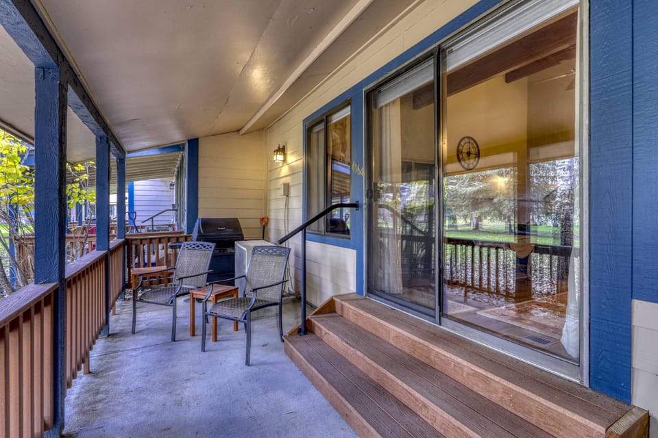 This covered patio backs up to a neighborhood green space and has a gas grill.This lovely 3 bedroom 2 bath townhome is in the heart of uptown Pagosa.