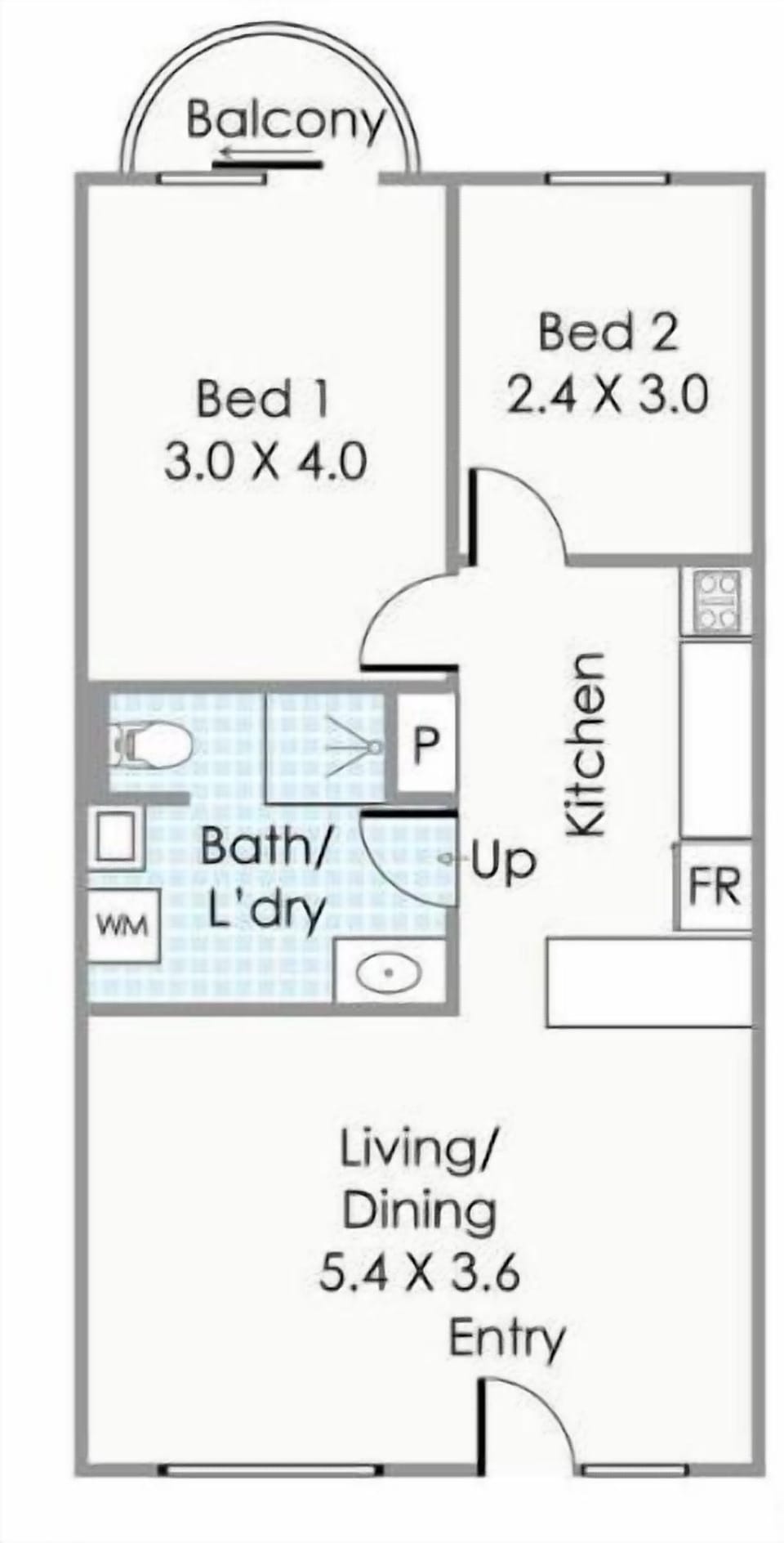 Your stay floor plan 2BR, 1BA, Living and Dining area., large bathroom with Laundry and full kitchen