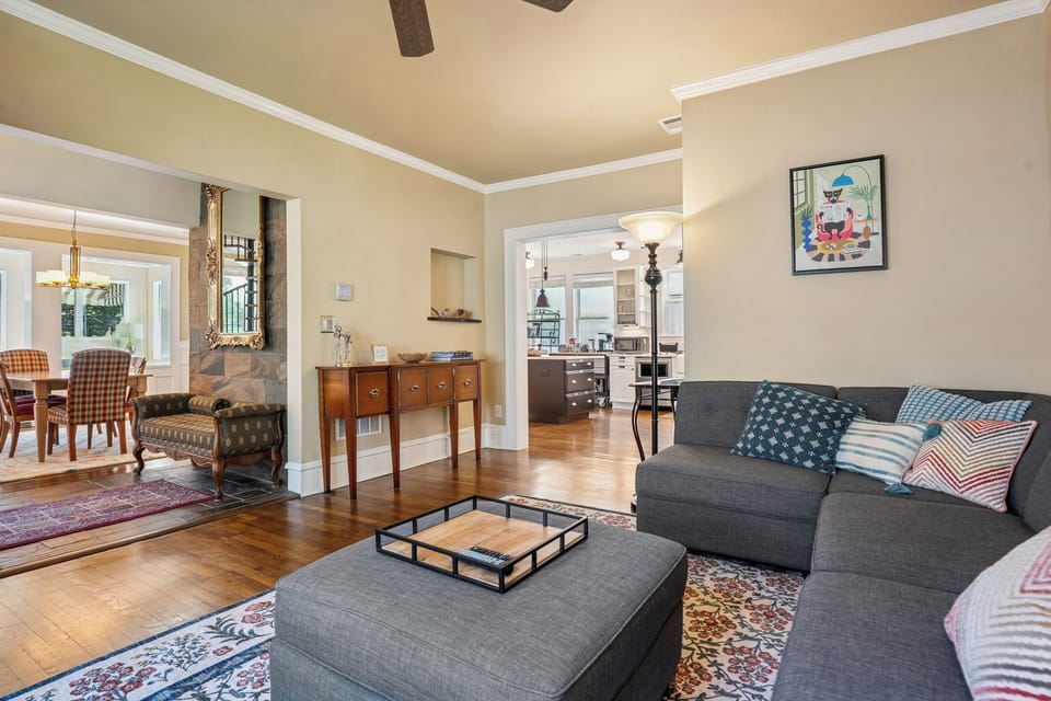 Kitchen and dining room from living room. Open floor plan with lots of light.