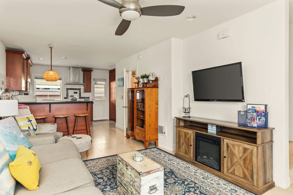 Living room fireplace and TV