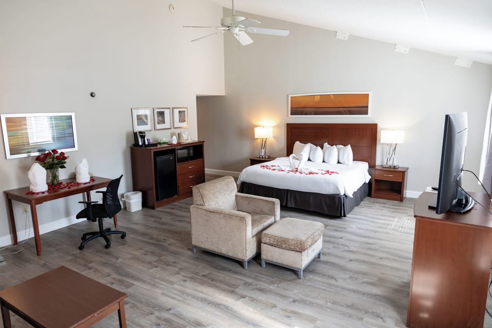 Executive Studio Suite | Desk, laptop workspace, blackout drapes, iron/ironing board