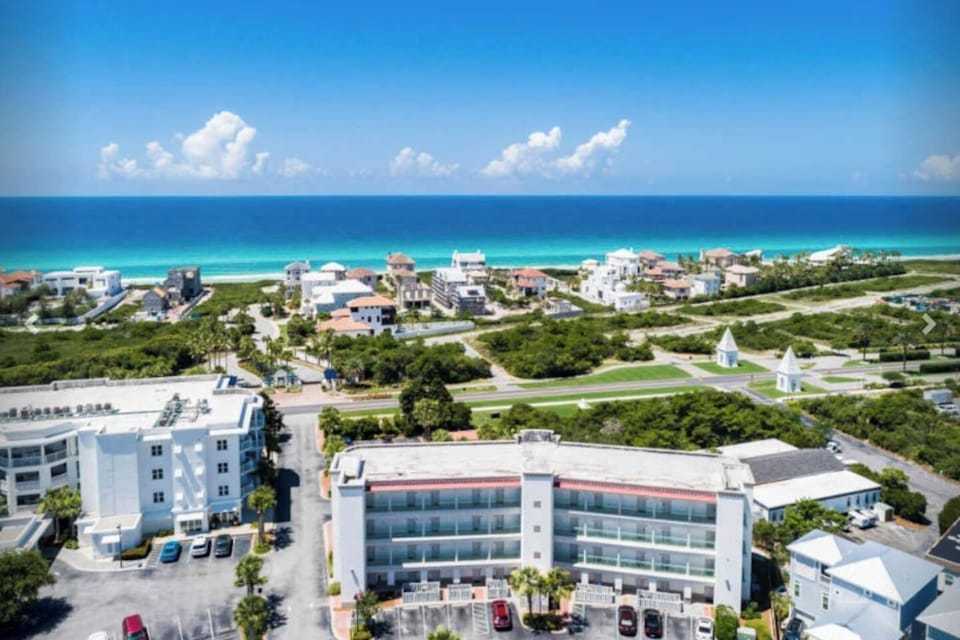 The beach is right down the street! Our unit is in that big complex on the right. 