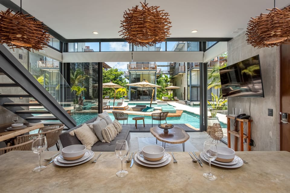 View from kitchen to pool. 