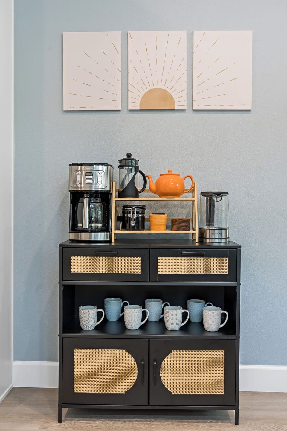 Chic coffee & tea bar with modern decor and fully stocked drink essentials