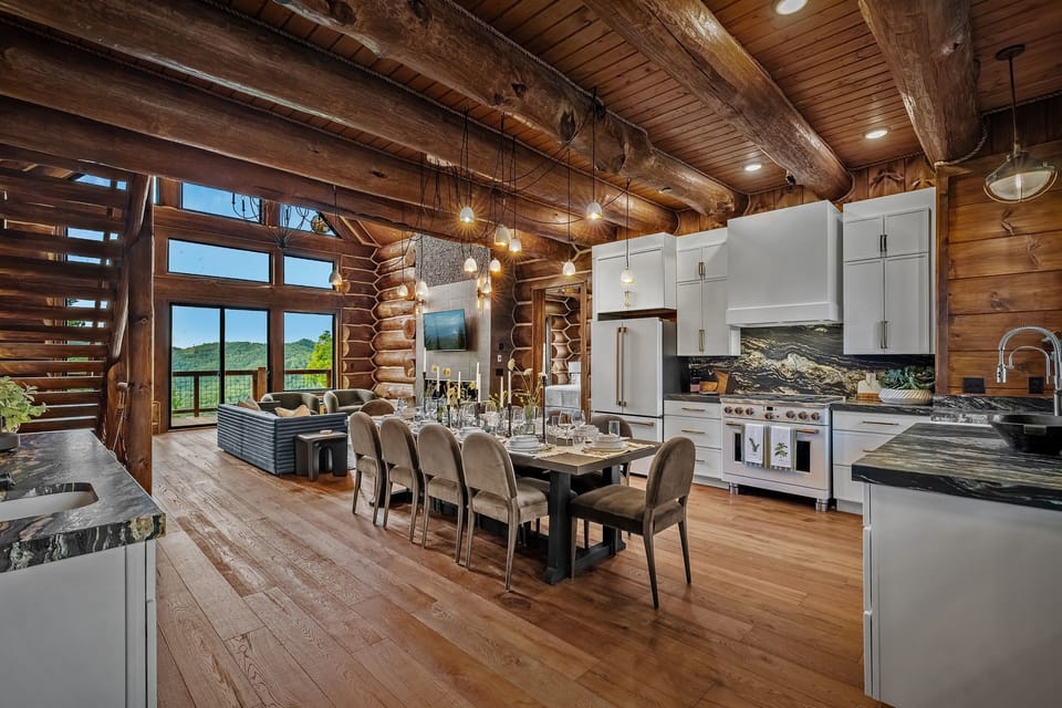 Massive open-concept living space built for groups—room for everyone to cook, eat, and unwind together