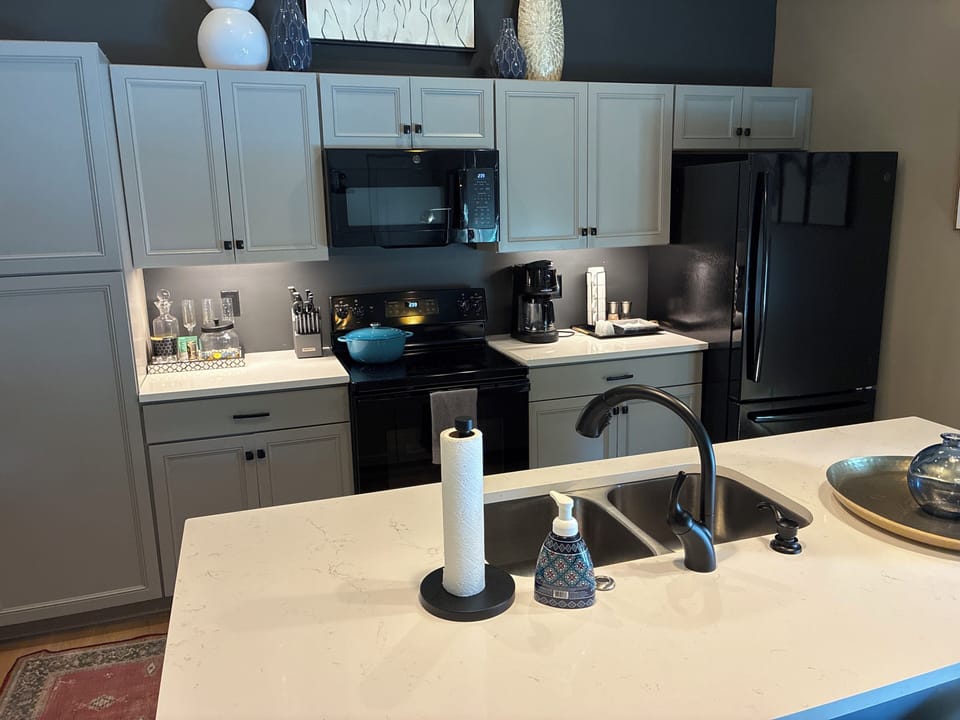 fully equipped kitchen with quartz counters, all appliances, cutlery, dishes etc