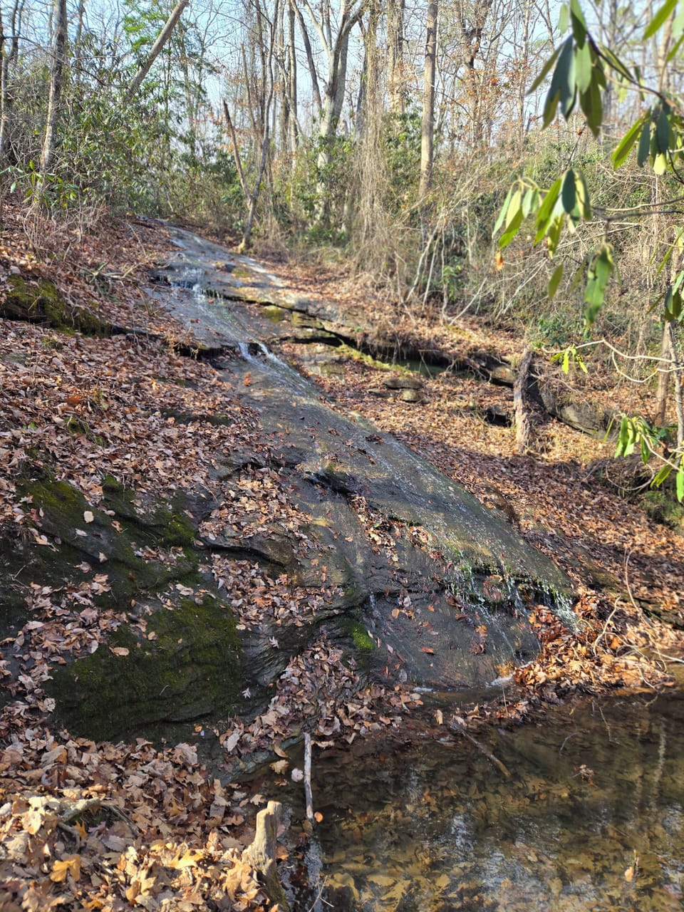Nearby tiny waterfall on the Blue Wall Preserve hiking trail less than 1 mile