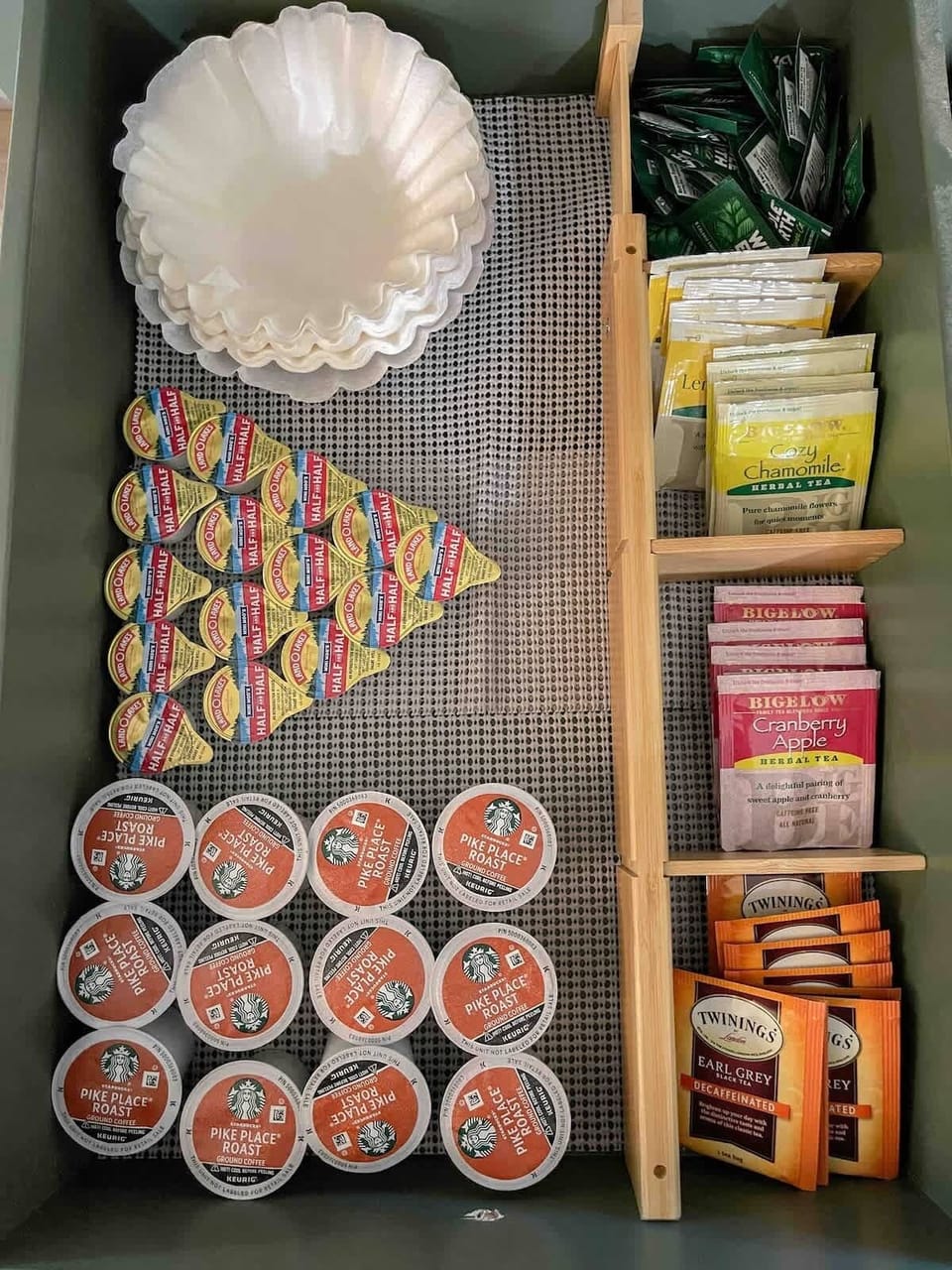 Assorted teas, ground coffee, filter, keurig pods, creamer & sugar provided 