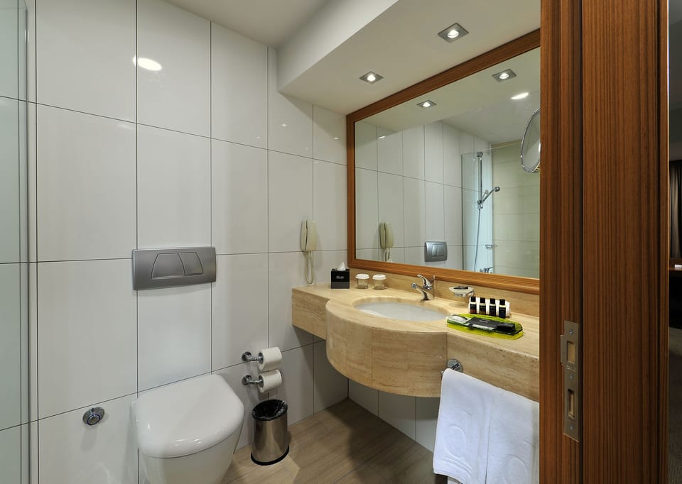 Shower, free toiletries, hair dryer, slippers