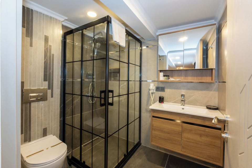 Shower, rainfall showerhead, free toiletries, hair dryer