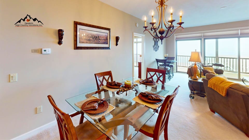 Dining area with extra seating for two in living room space