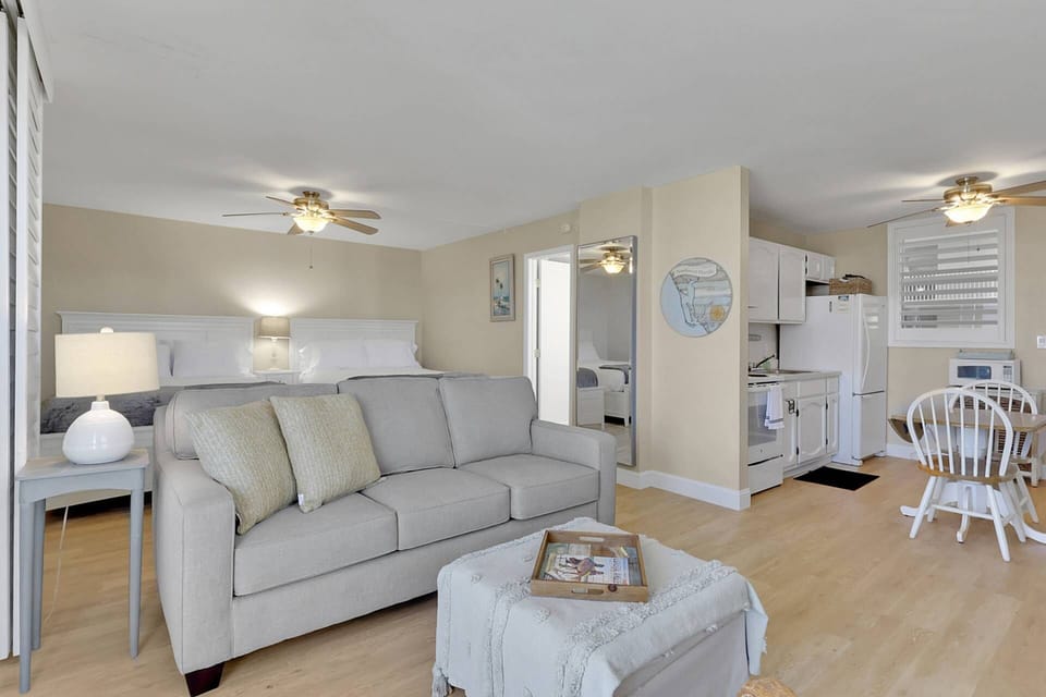 The studio is designed to feel open and spacious, combining living, dining, kitchen and a bedroom space in one open concept.