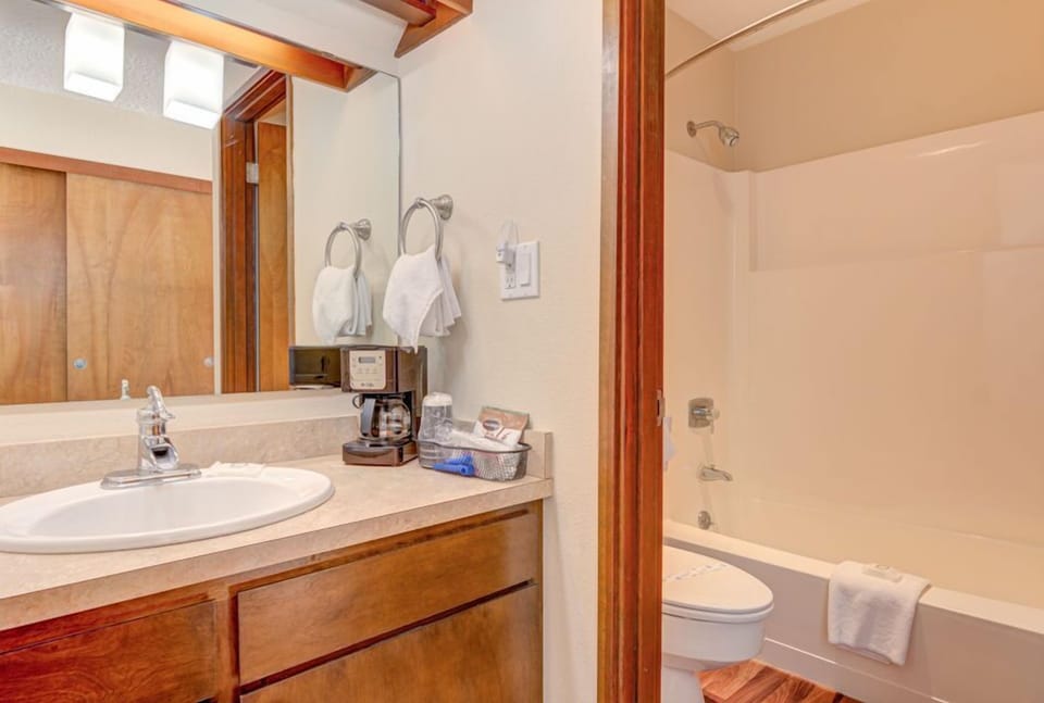 The bathroom offers a clean and functional design with a spacious vanity, complete with essential amenities for a comfortable stay.