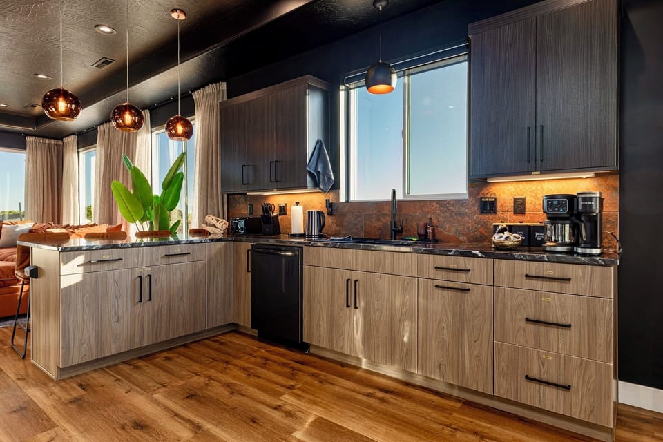 Full kitchen is well stocked and has everything you need to cook a nice meal.