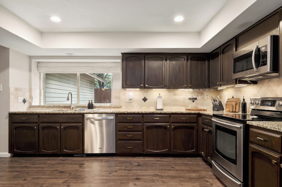 Full-size appliances and ample counters makes preparing group meals easier.