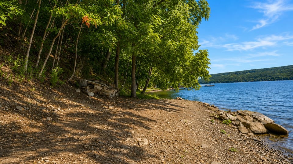 Enjoy peaceful lakefront views along the shaded shoreline, ideal for walks and waterfront relaxation.