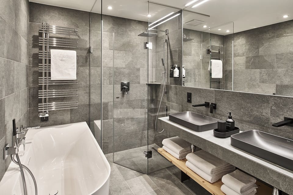 Separate tub and shower, hair dryer, towels, soap