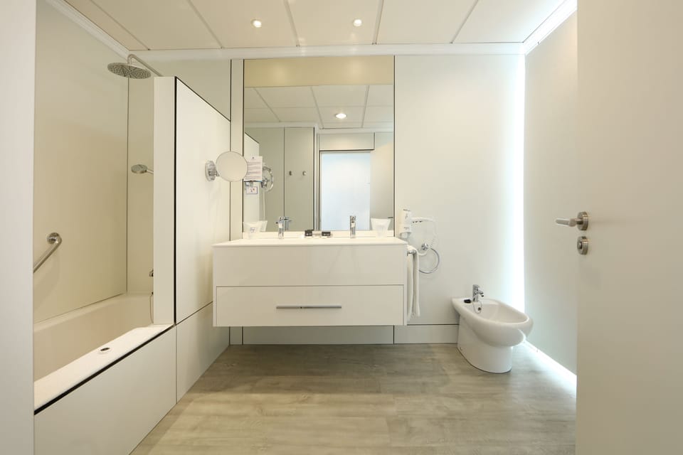 Hair dryer, bidet, towels, soap