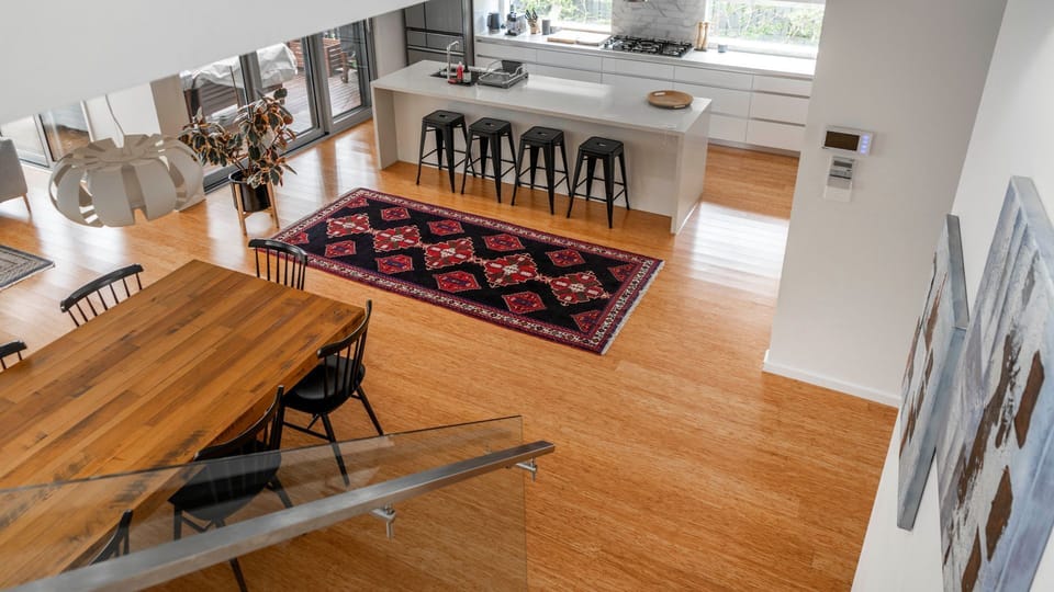 Open-plan kitchen connected to dining area