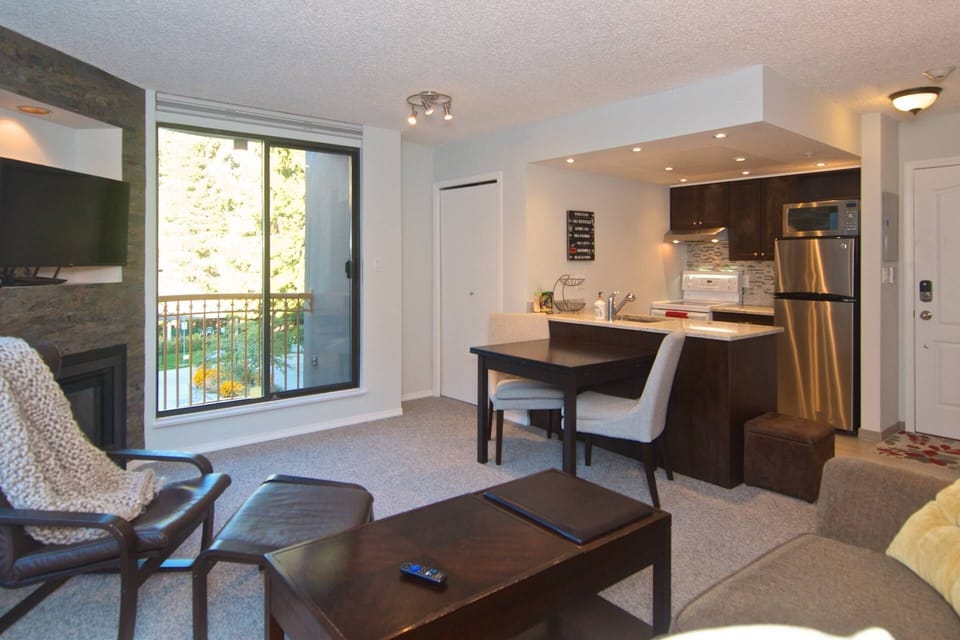 Living area, with Gas fireplace, sofa that converts to bed and small dining area