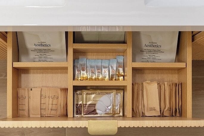 Complimentary beauty essentials including masks, and travel kits.