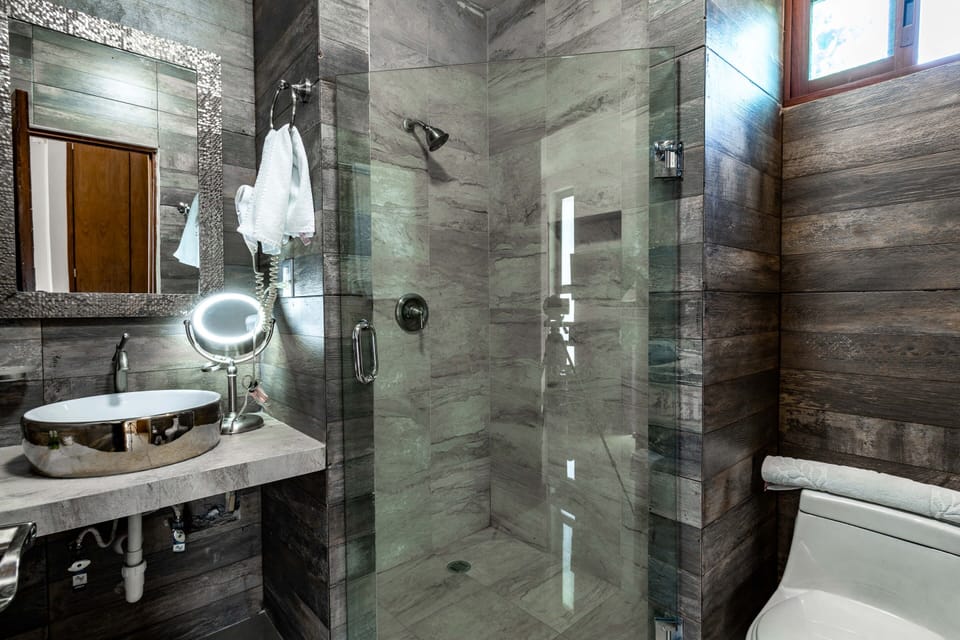 Junior Suite, 1 King Bed, Hot Tub | Bathroom | Shower, rainfall showerhead, free toiletries, hair dryer