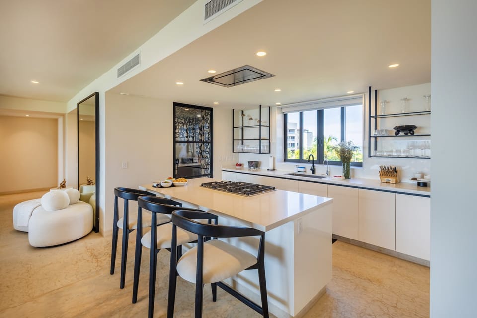 Luxury kitchen with ocean views.