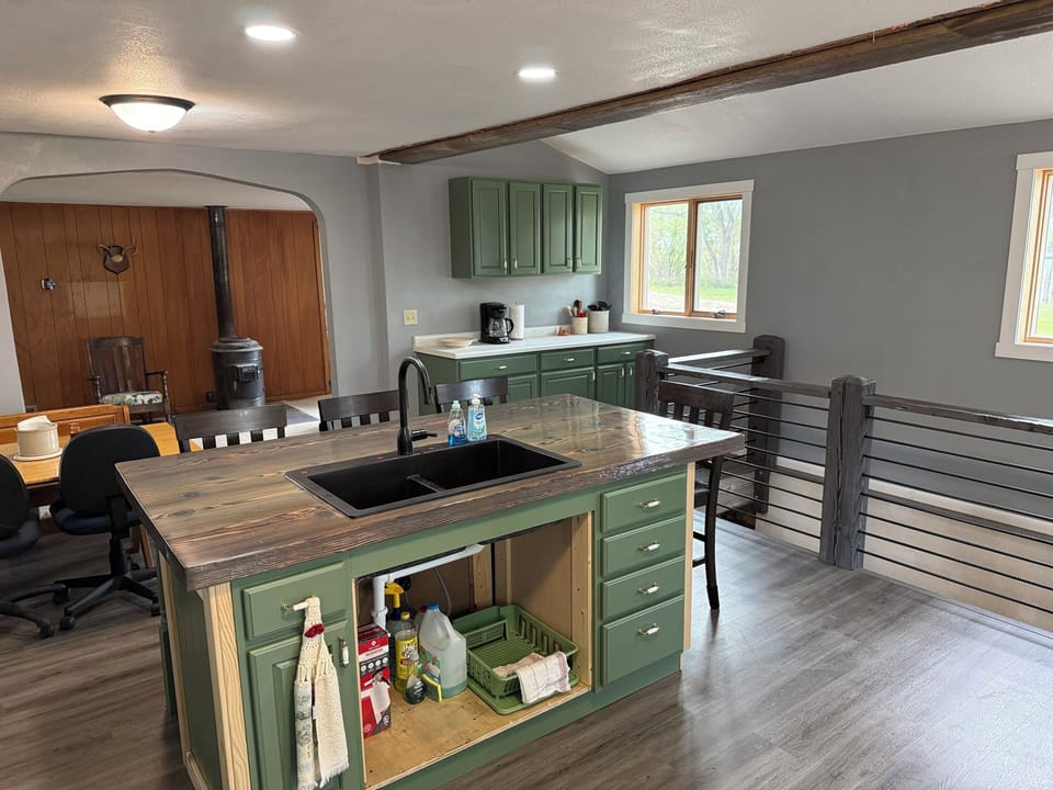 Kitchen, coffee corner, and dining room area.