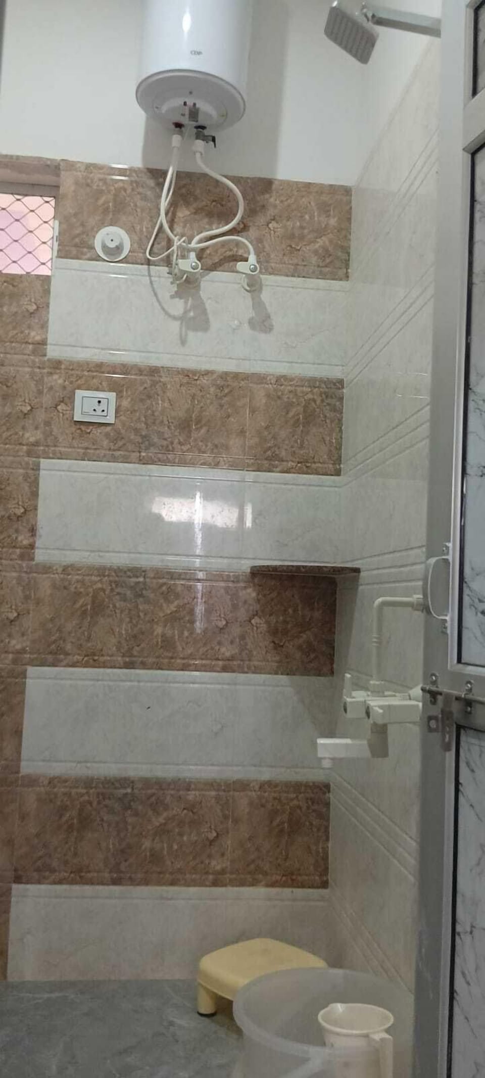 Shower, designer toiletries, towels, soap