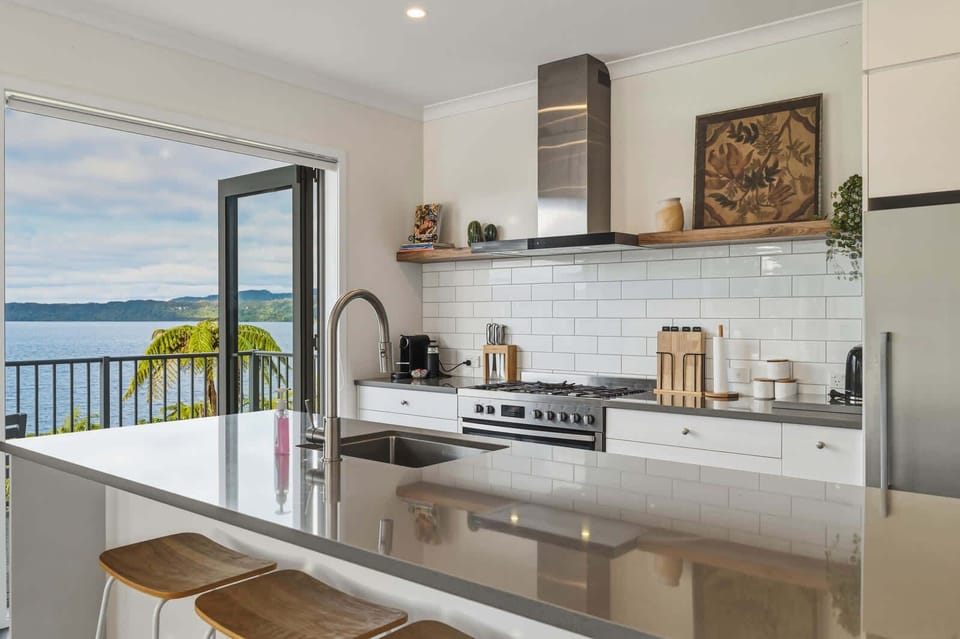 Kitchen with lake views