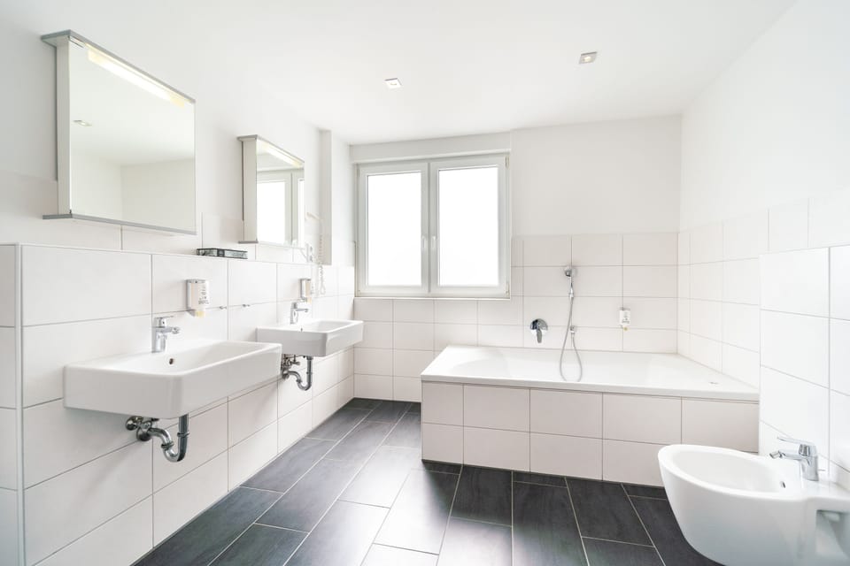 Separate tub and shower, hair dryer, towels, soap