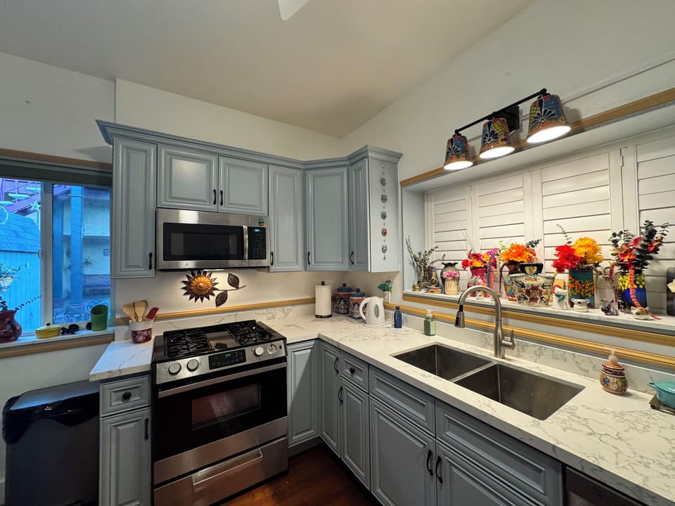 Our full kitchen is stocked with everything you could need. 