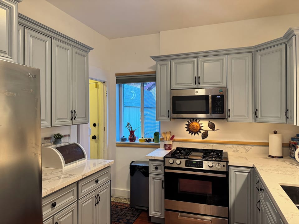 Our full kitchen is stocked with everything you could need. 