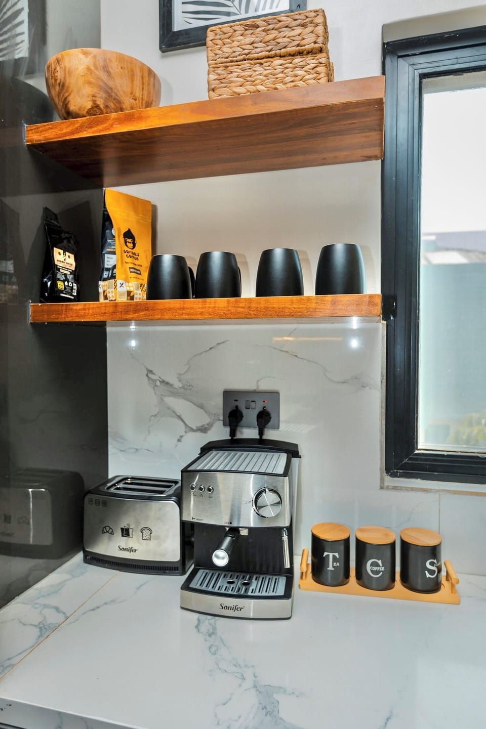 fully stocked coffee and tea bar