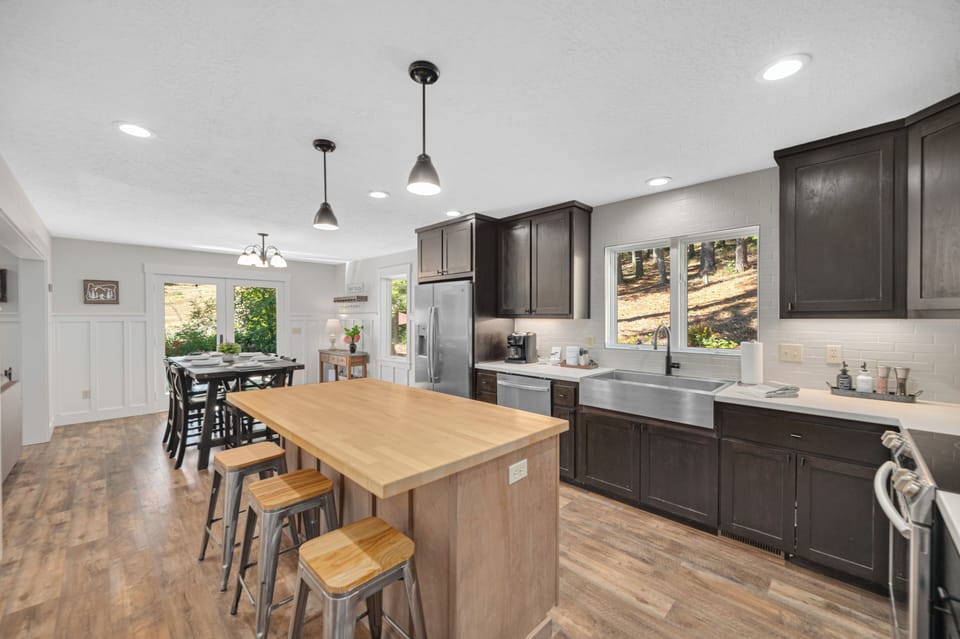 Kitchen w/ Island | Open to Dining Room | Country Forest Views